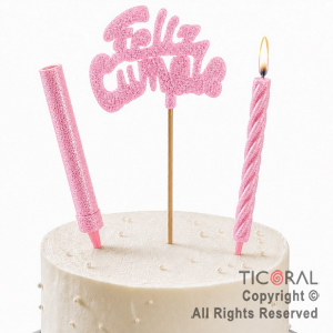 ADORNO DE TORTA SET FELIZ CUMPLE CON BENGALA Y VELA 9 CM GIBRE ROSA x 1